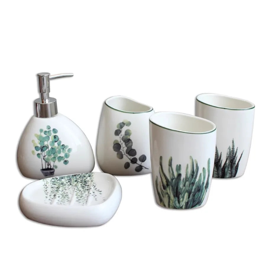 ensemble vaisselle salle bain blanc motifs floraux moderne distributeur savon tasses dents bol savon
