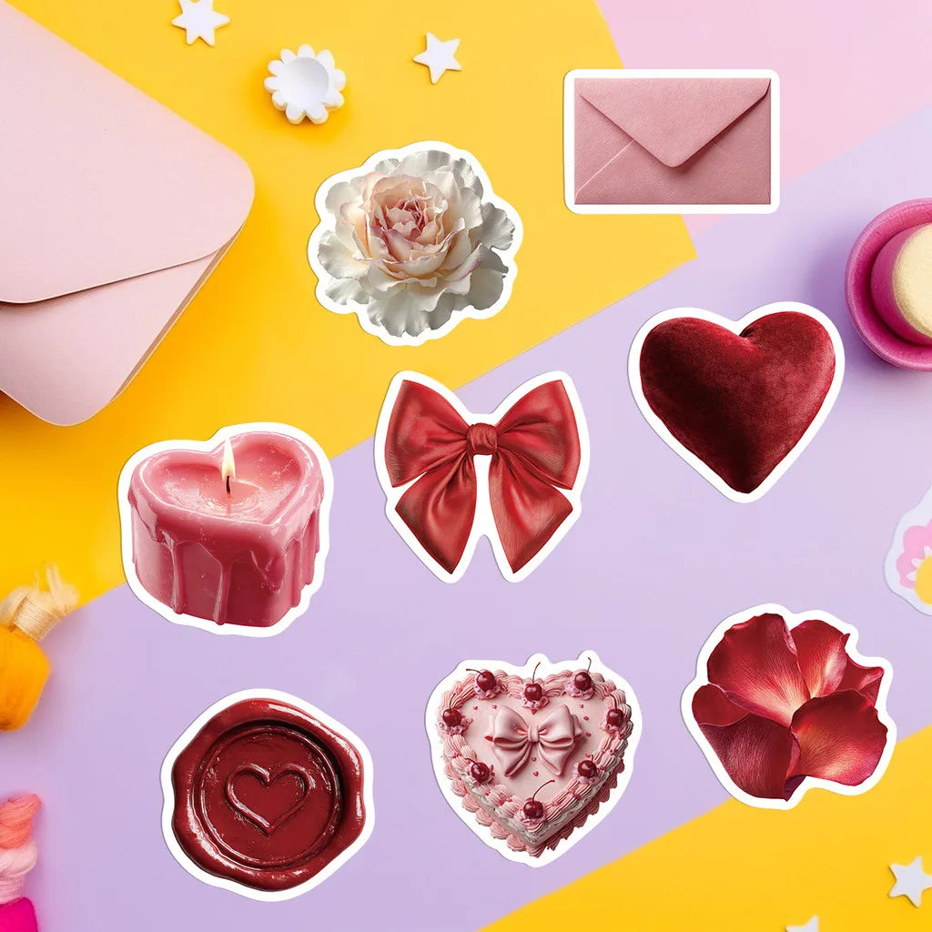 sticker adhésif romantique valentin coeurs fleurs gâteau bougies lettres bijoux rouge rose blanc