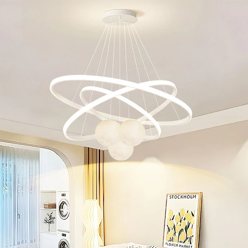 suspension lumineuse moderne blanc boules circulaires aluminium intérieur chambre salon