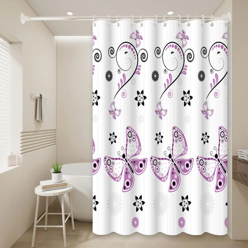 rideau douche moderne papillons stylisés violet blanc respectueux environnement opacité toiletpapillon