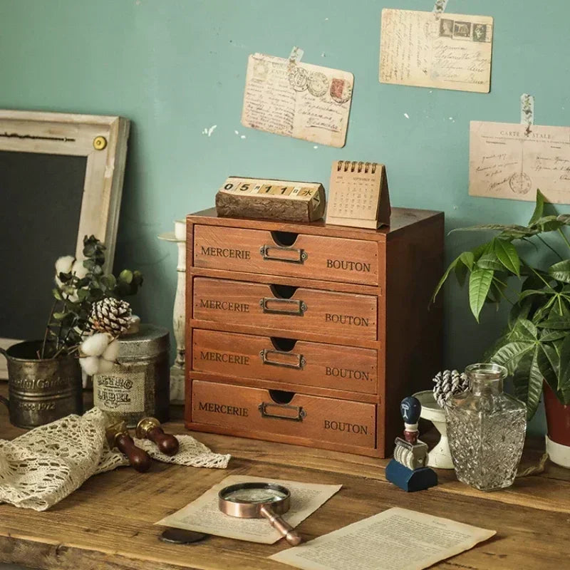 organisateur vintage commode tiroirs bois marron clair rétro poignées métalliques rangement