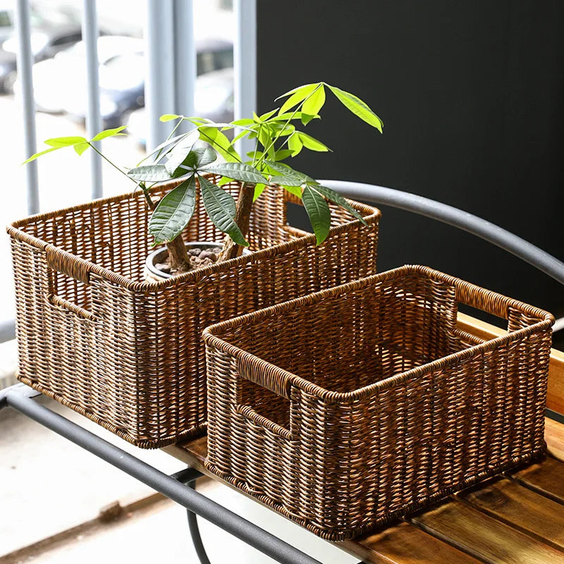 panier tressé marron clair rustique poignées intégrées pliable rangement étagères cuisine réutilisable respectueux environnement