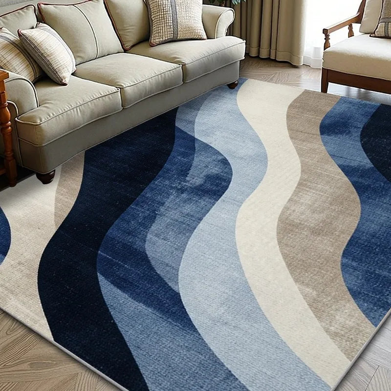 grand tapis salon moderne motif ondulé bleu beige noir doux polyester chambre intérieur maison