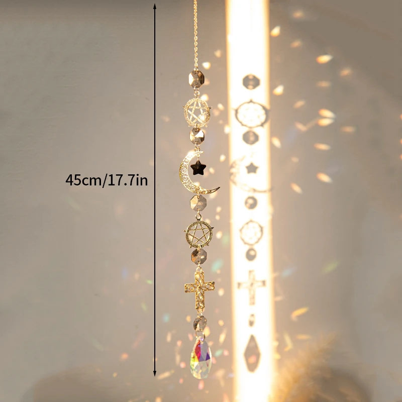 pendentif boho cristal multicolore soleil lune étoiles cosmique or argent