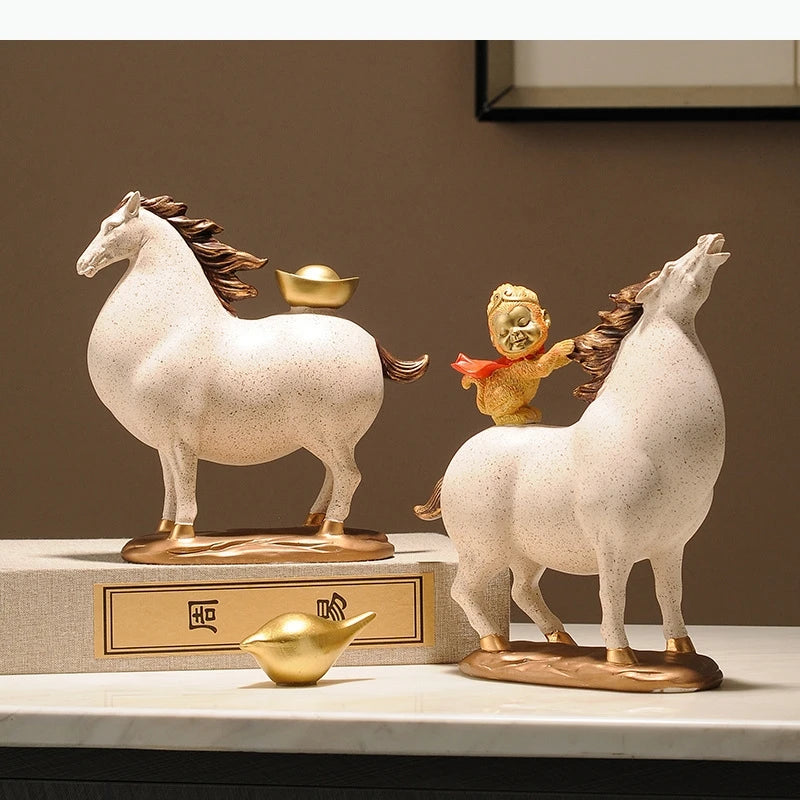 statues chevaux décoratives asiatiques blanc orange figurines humaines petits ornements dorés