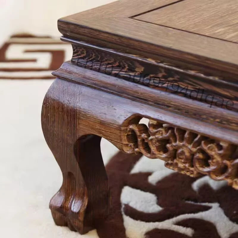 présentoir bois sculpté marron motifs complexes reliefs plantes bonsaï vases fleurs théière tasses déco