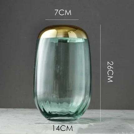 vase transparent moderne fleurs artificielles bleu doré élégant bouche vase 10cm largeur 16cm hauteur