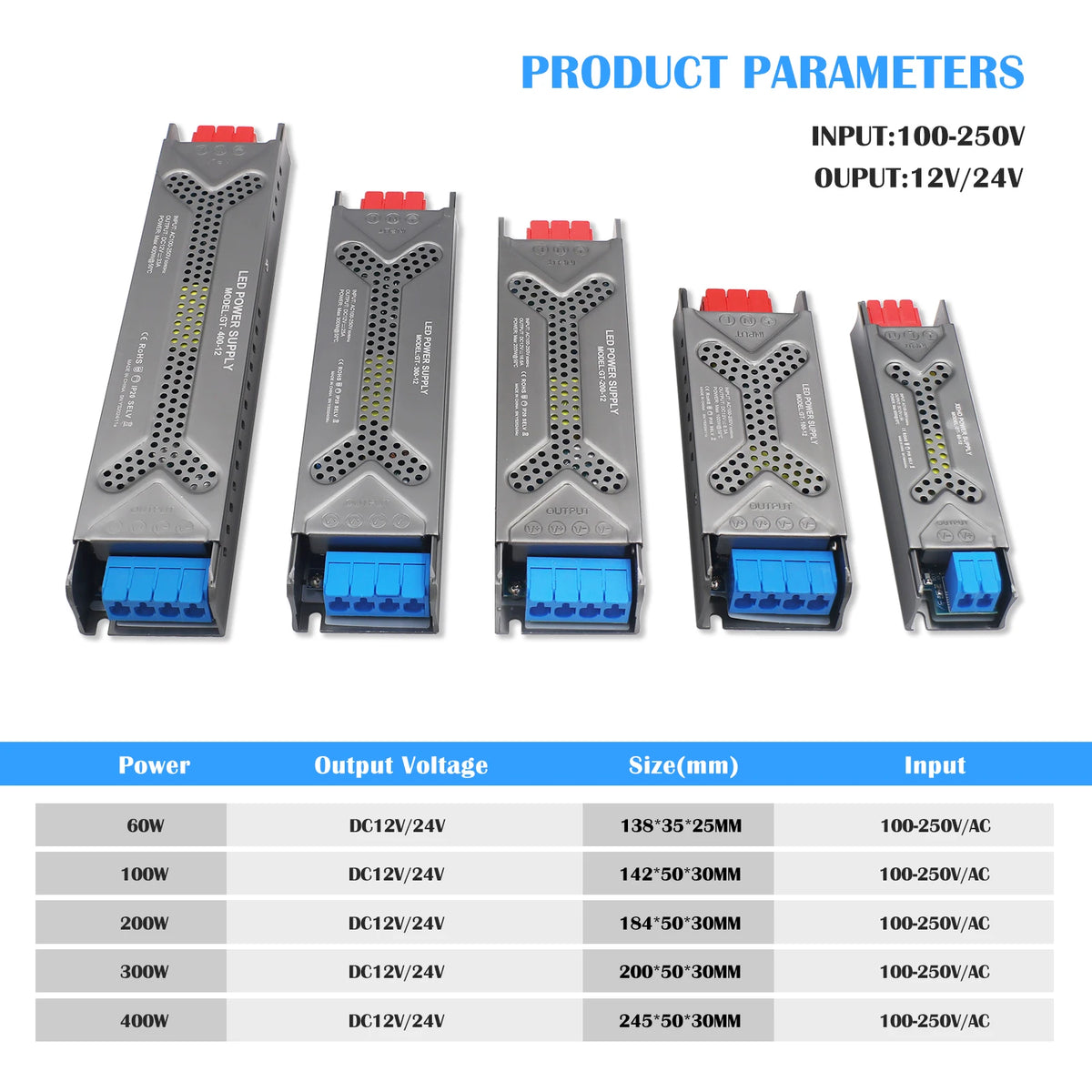 alimentation led 12v 24v 60w 100w 200w 300w 400w transformateur muet