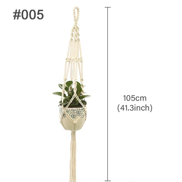 support plante suspendu macramé boho artisanal blanc beige orange tissé oeilletsextérieur exposition arbres
