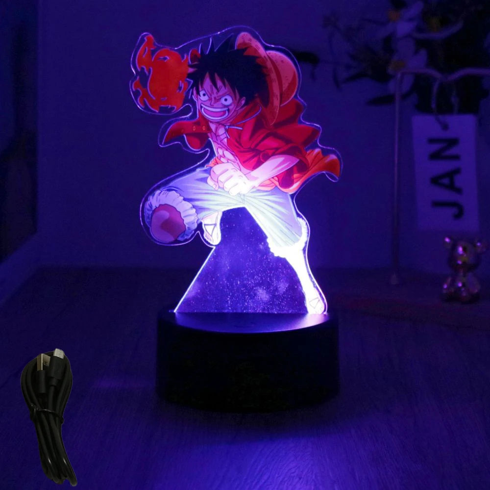 lampe led 3d anime luffy zorro cracked surface télécommande câble usb nocturne rouge vert