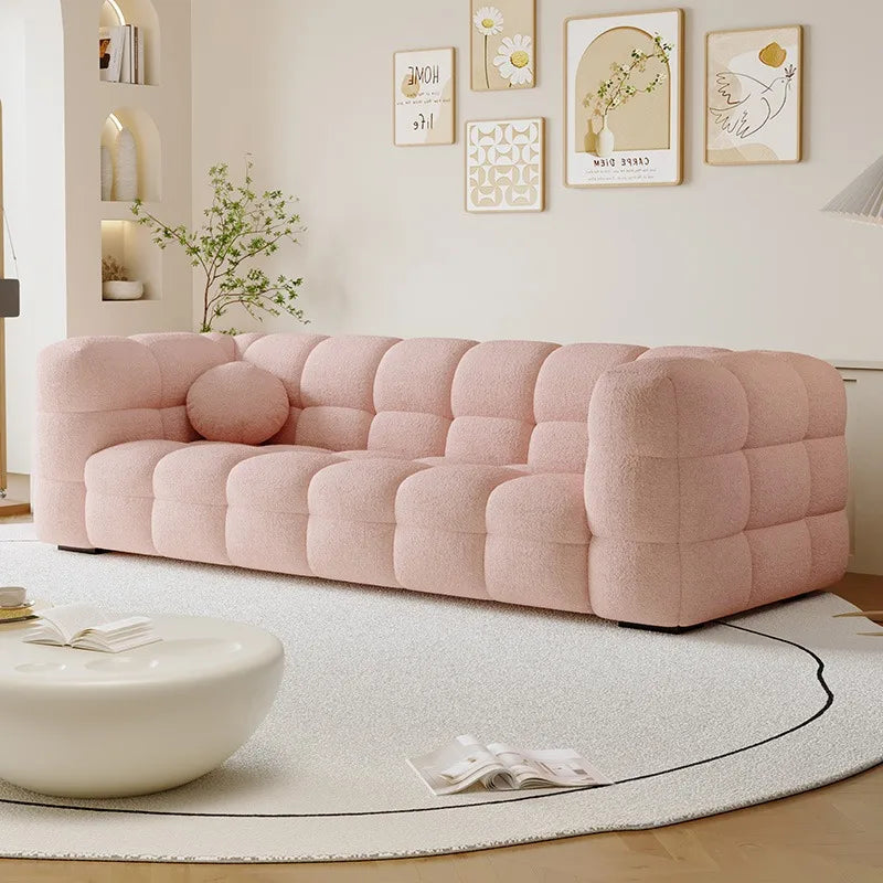 canapé moderne bois tissu géométrique coussin mousse latex beige rose vert gris orange