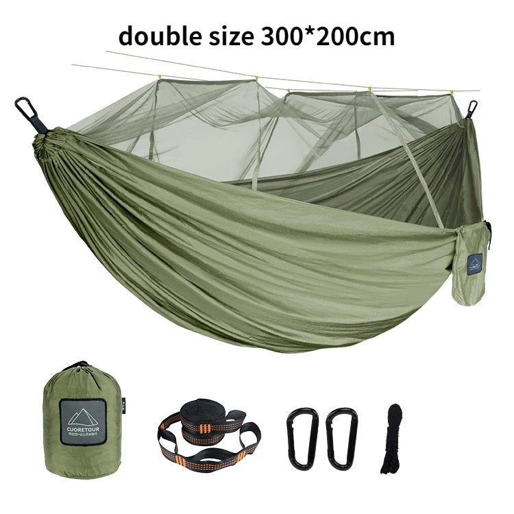 hamac nylon double taille vert olive bleu uni moderne moustiquaire sac rangement ceinture sécurité
