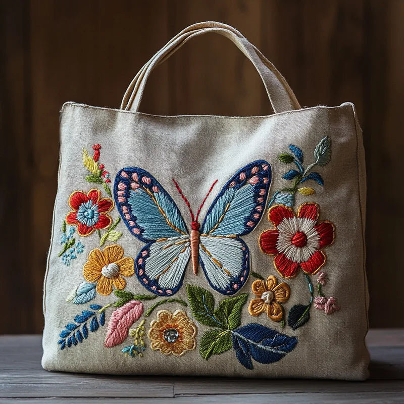 sac main brodé papillons fleurs boho chic poignées cuir opaque multicolore coton artisanal