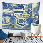 tapisserie pop art bleu blanc phrases spirales papillon faces salon chambre