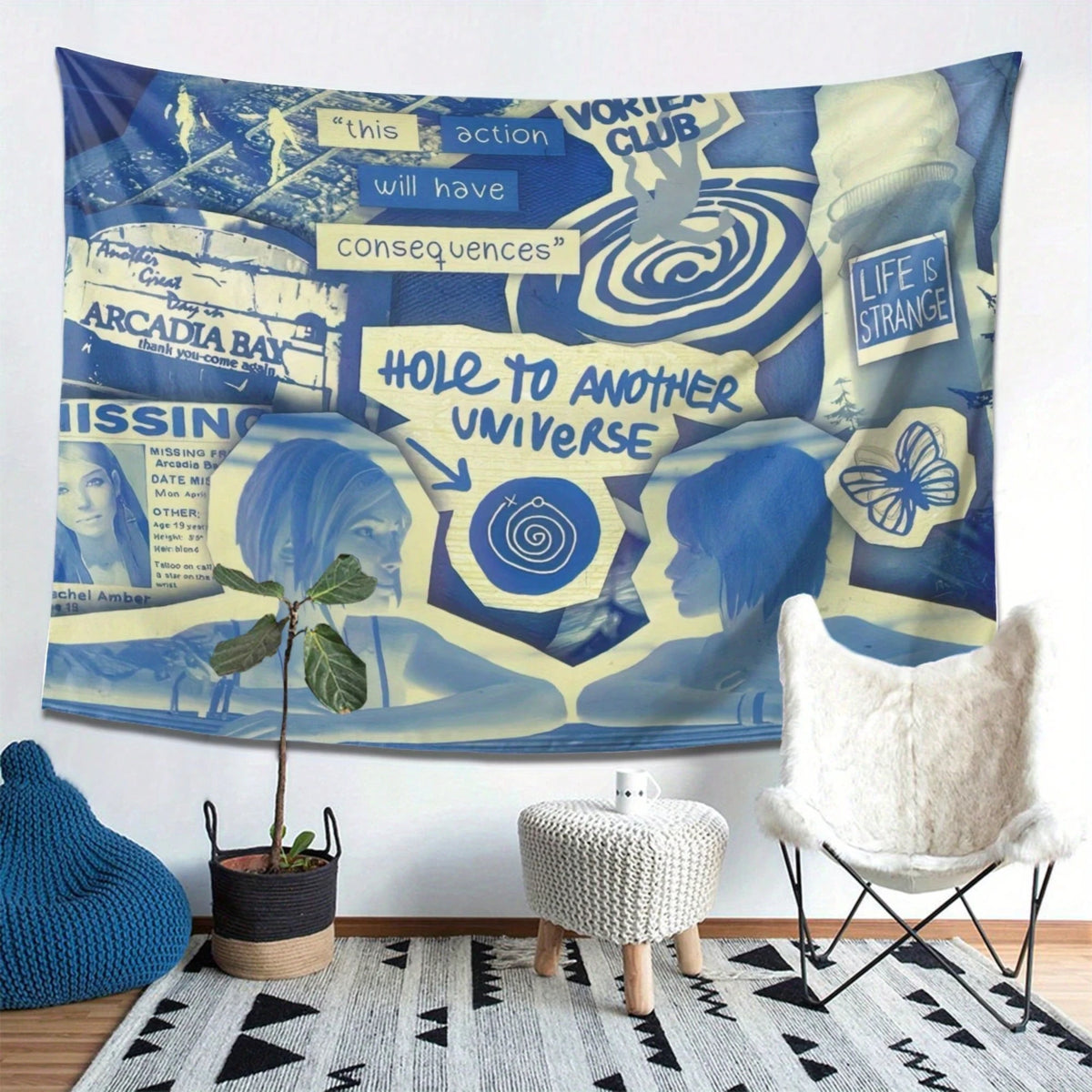 tapisserie pop art bleu blanc phrases spirales papillon faces salon chambre