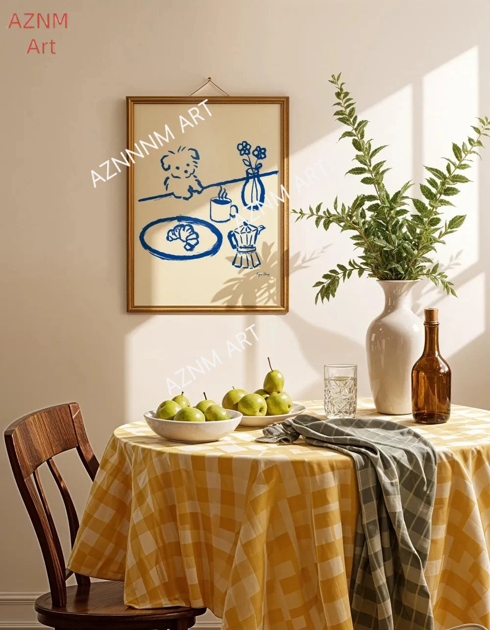 affiche minimaliste enfantin dessin animé simple lignes couleurs beige marron bleu vert rose toile