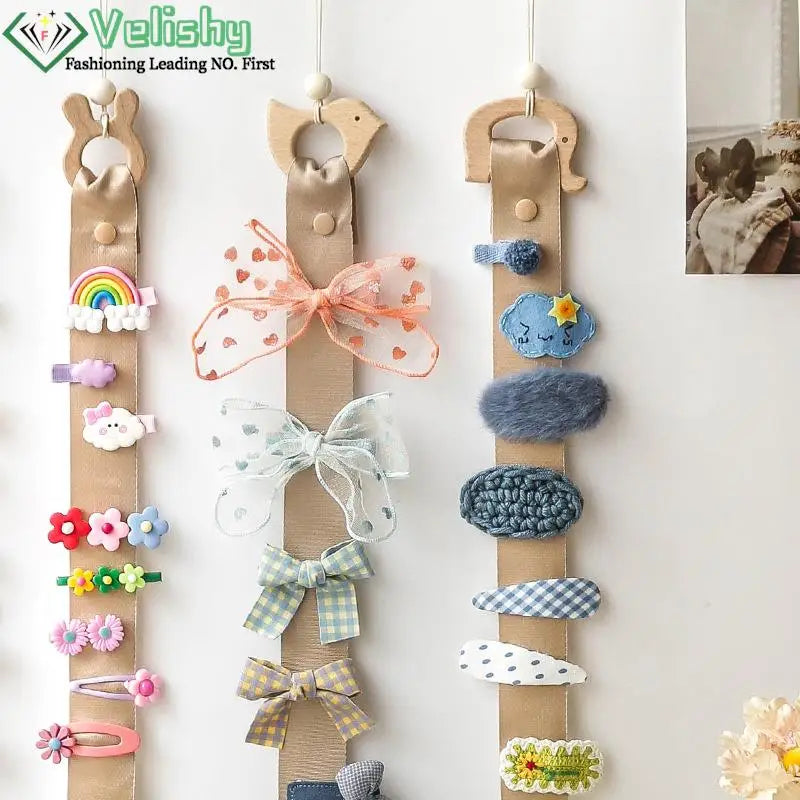 porte accessoires mural moderne rubans clips cheveux motifs floraux pois arc ciel nuages papillons