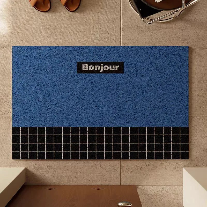 tapis d'entrée moderne noir motif grille blanche texte bonjour sol intérieur anti dérapant pvc