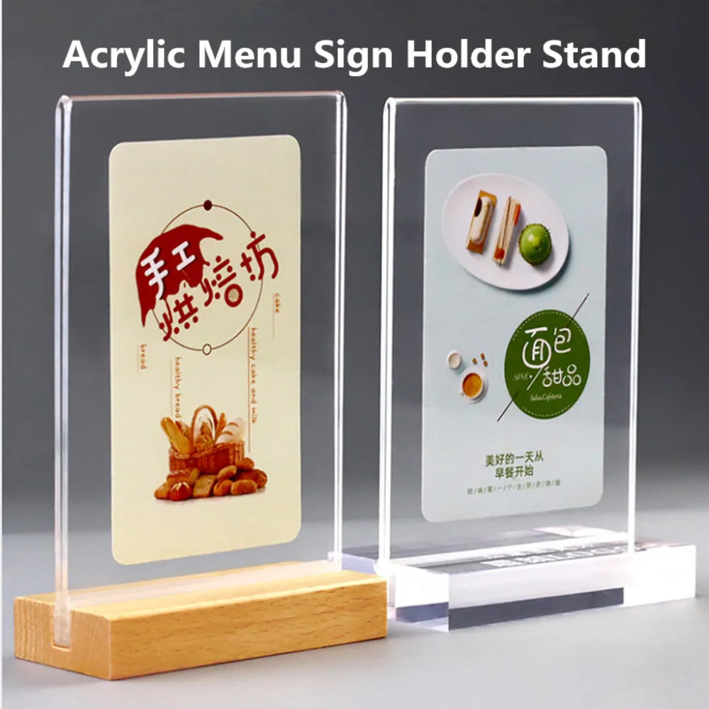 support menu acrylique transparent moderne base bois adhésif minimaliste