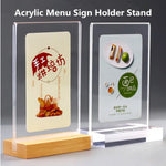 support menu acrylique transparent moderne base bois adhésif minimaliste