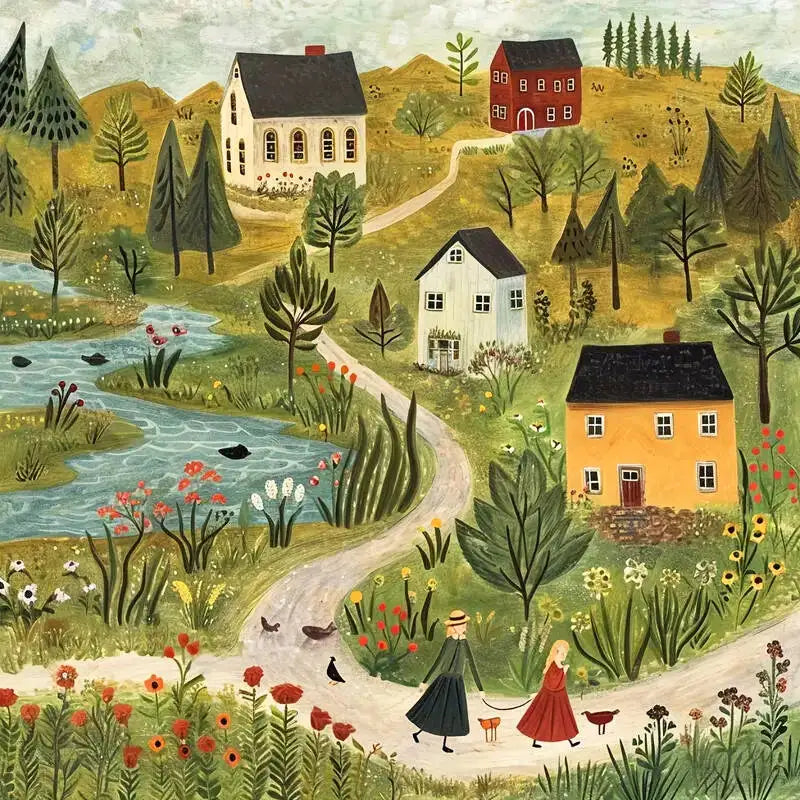 broderie scénique paysagère moderne multicolore maisons arbres fleurs toile imprimée aiguilles rubans instructions inclusées