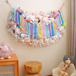 sac rangement multi usages coton bleu violet rose blanc gris maille pompons moderne