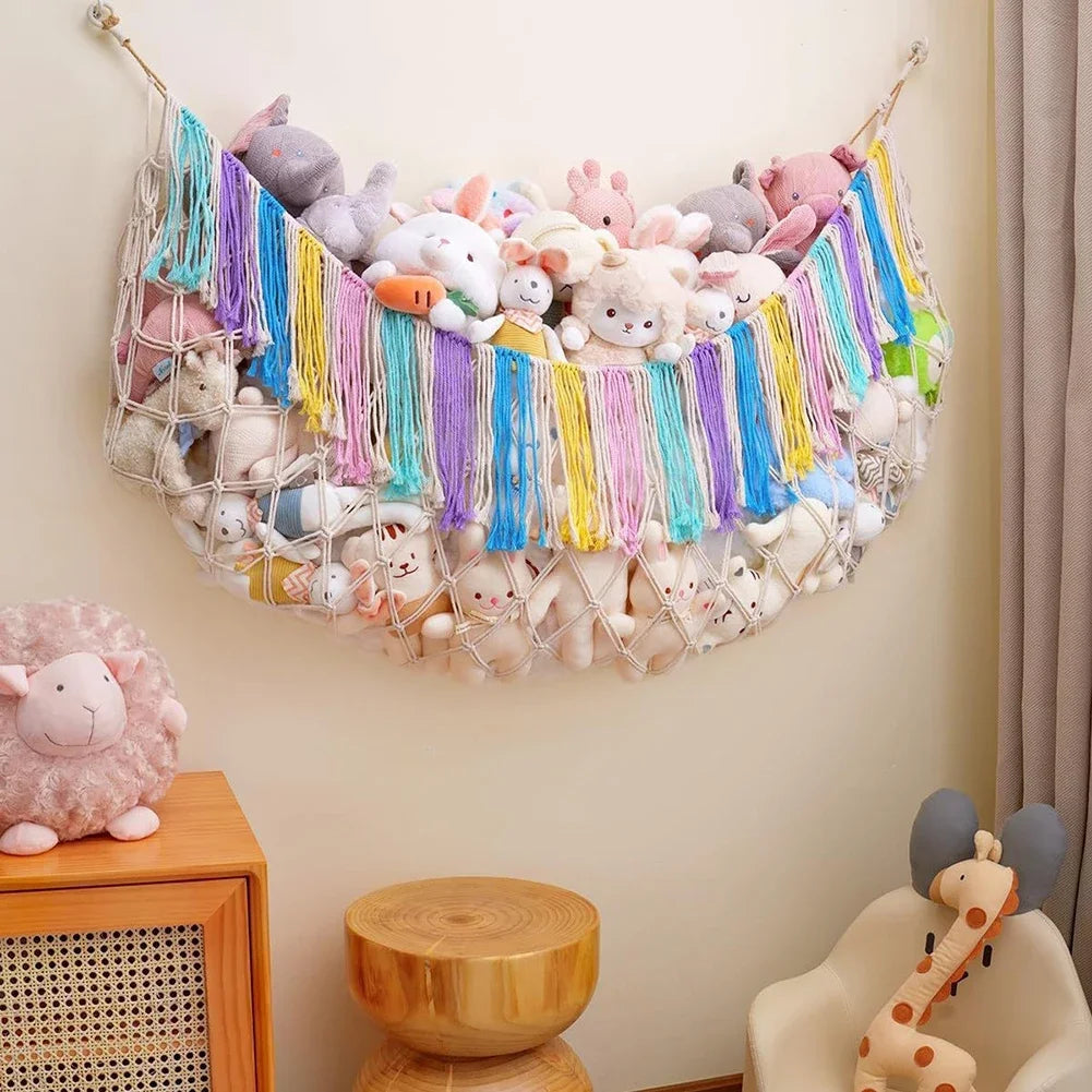 sac rangement multi usages coton bleu violet rose blanc gris maille pompons moderne