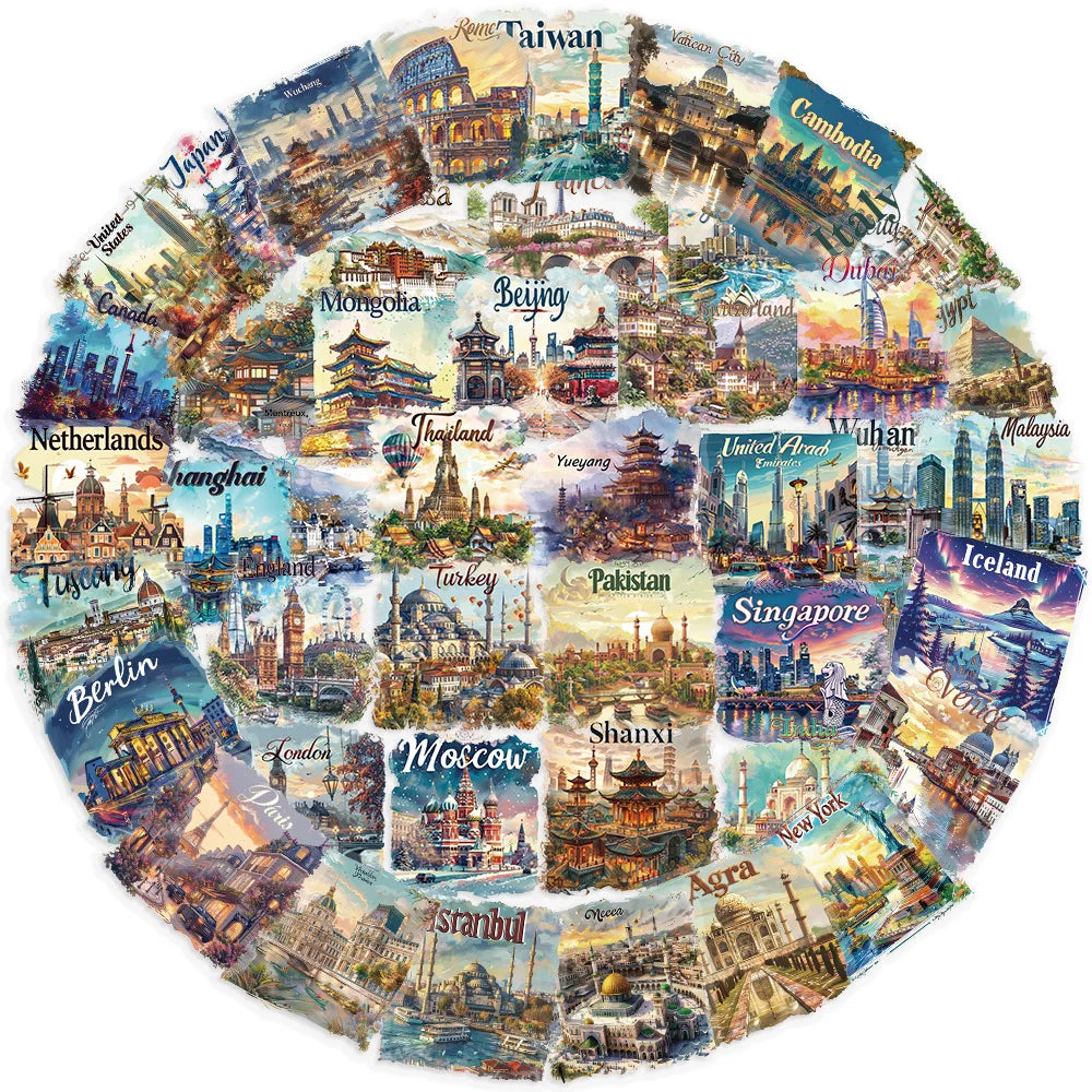 autocollants voyage paysages urbains naturels illustrations monumens adhésifs étanches collection stickers voyages