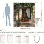 rideau douche rustique fenêtre pierre plantes grimpantes rideaux blancs fleurs rouges potsOpaque beige marron