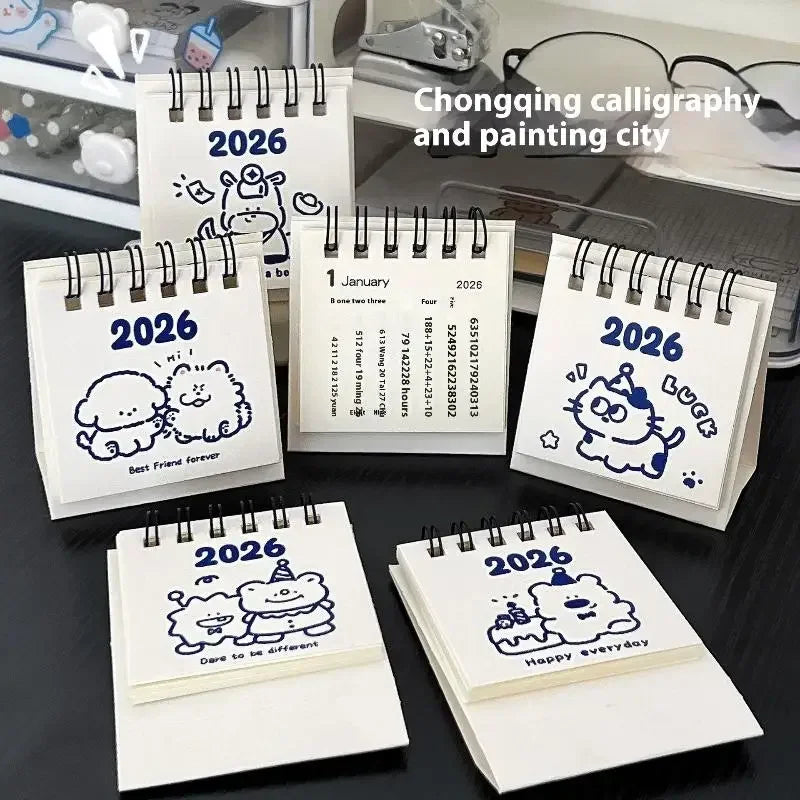 calendrier mini blanc bleu mignon dessins animés anneaux métalliques dates imprimées modernes minimalistes