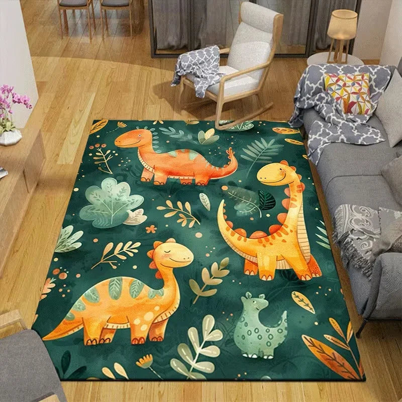 tapis d'aventure dinosaures géométrique moderne enfant vert bleu orange jaune noir salon chambre