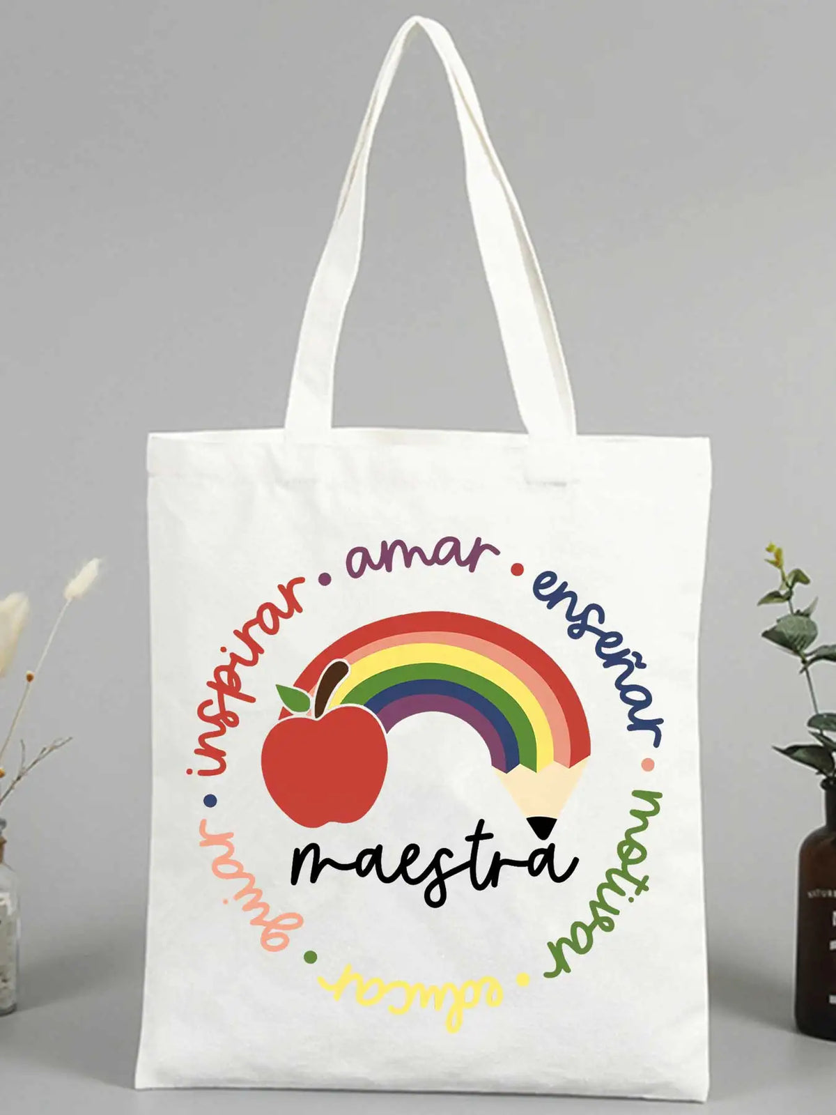 sac main toile arc ciel pomme inspirar amar enseñar blanc moderne poignées