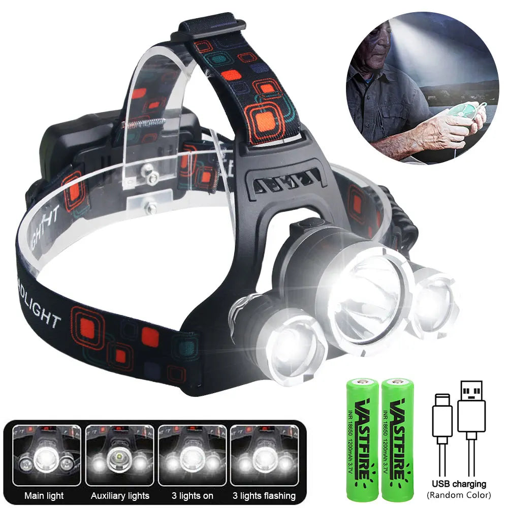 lampe frontale led noire rechargeable usb camping red verte blanche fixe ceinture