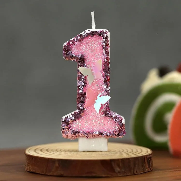 bougies numéraires pailletées rose violet blanc papillons relief décoration fil fixe anniversaire saint valentin