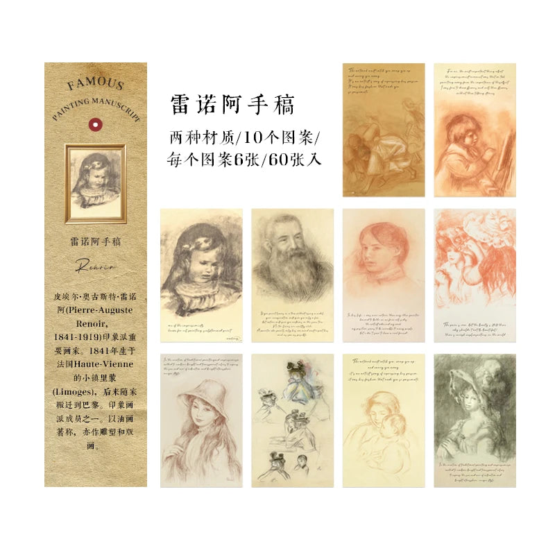 cartes postales artistes motifs monochromes dessins manuscrits peintres célèbres vintage lignes fines junk journal