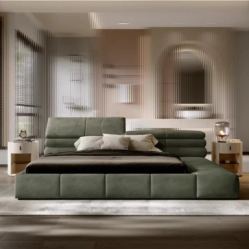 lit double vert olive velours moderne oreillers draps king size assemblage bois chambre