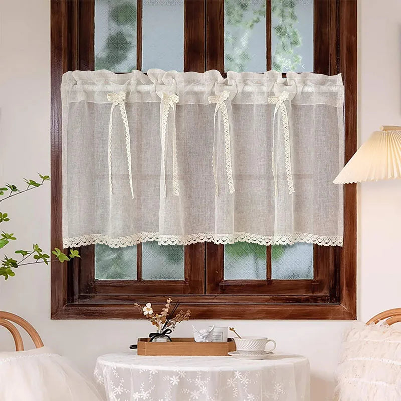 rideau transparent beige texturé dentelle bord fenêtre extérieure vintage rustique chambre décoration
