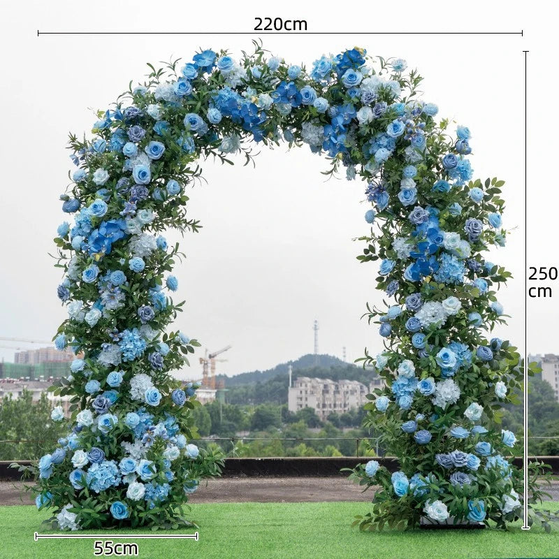 arche fleurie bleue romantique mariage anniversaire baby shower décoration intérieure soie hortensias roses feuillage