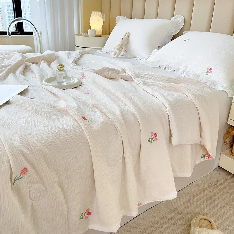 couette coton blanc motif fleurs roses été légère oreiller coussin accessoires