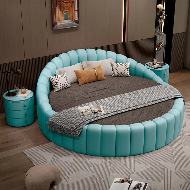 lit ronde moderne rangements blanc rose bleu turquoise velours geometrique