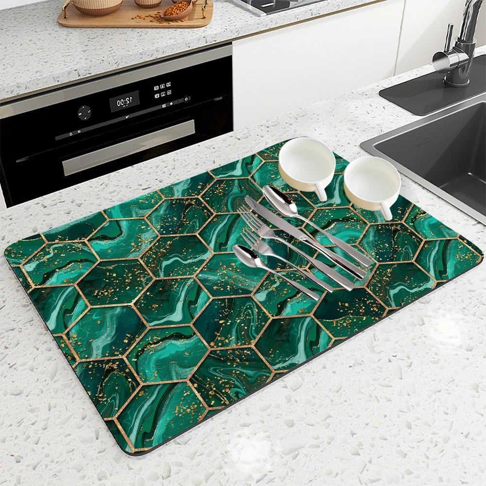 tapis cuisine absorbant rapide marbre vert géométrique moderne élégant polyesters respectueux environnement