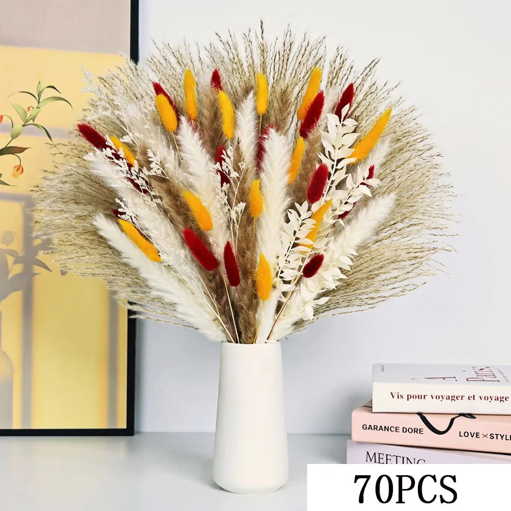 Bouquet fleurs séchées pampas blanche rouge décoration maison anniversaire boho festive