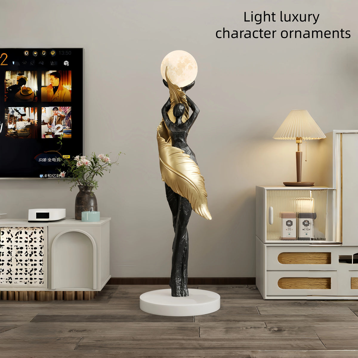 statue femme lune lampadaire moderne résine blanc noir bleu marron ondulé led minimaliste