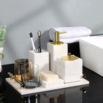 ensemble accessoires salle bain marbre blanc doré distributeur savon porte brosse savon