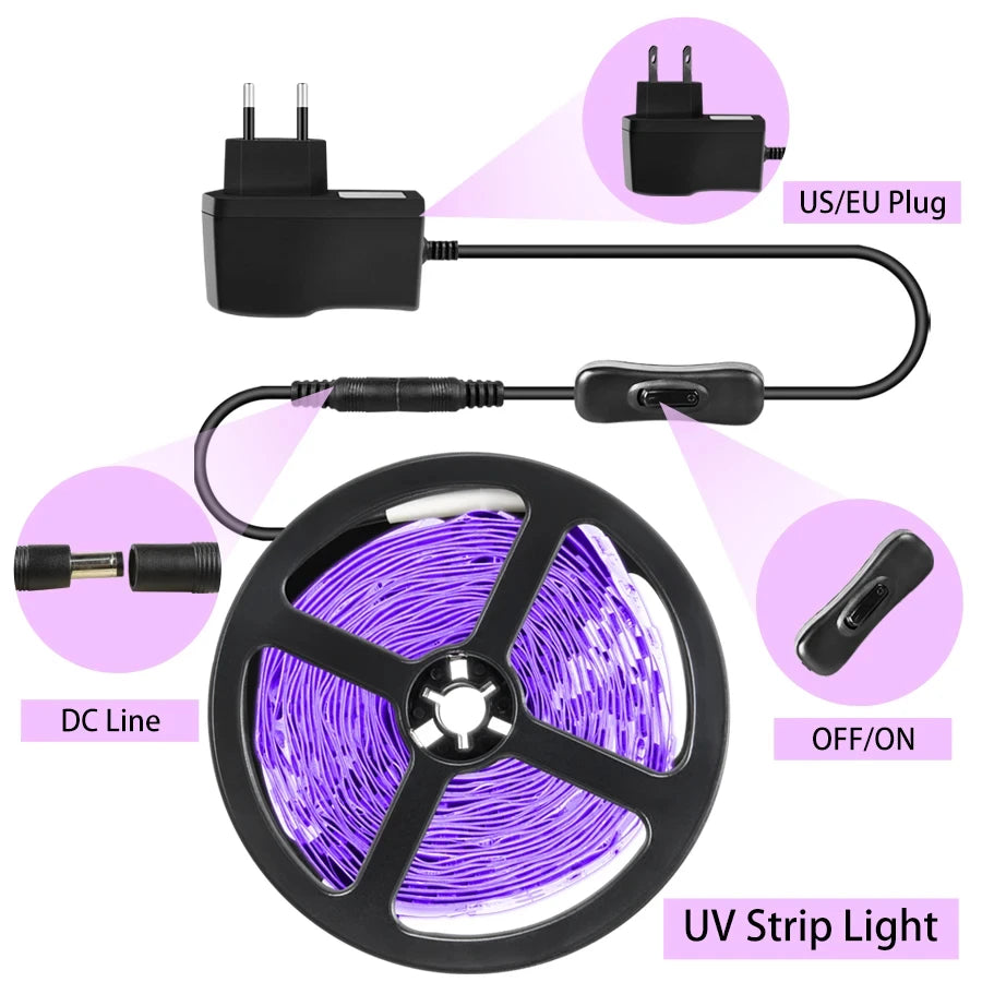 bande lumineuse led uv 12v 5m spirale violet moderne cosmétiques billets linge pierres