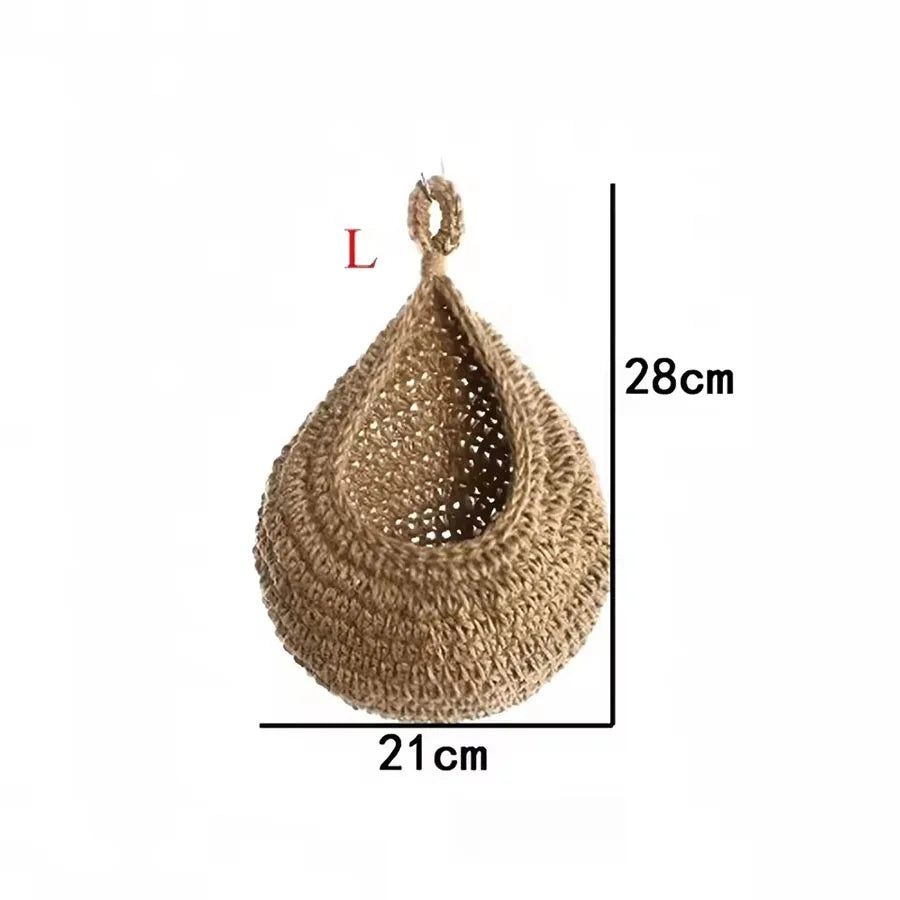 paniers suspendus tissu crocheté beiges rustiques respectueux environnement anneaux métalliques multifonctionnels rangement cuisine decoration