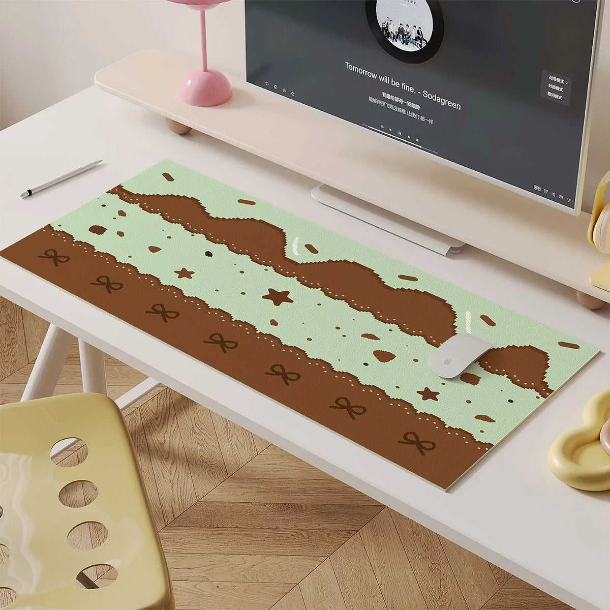 tapis souris cuir fraises rubans crème brûlée étoiles moderne vert rose