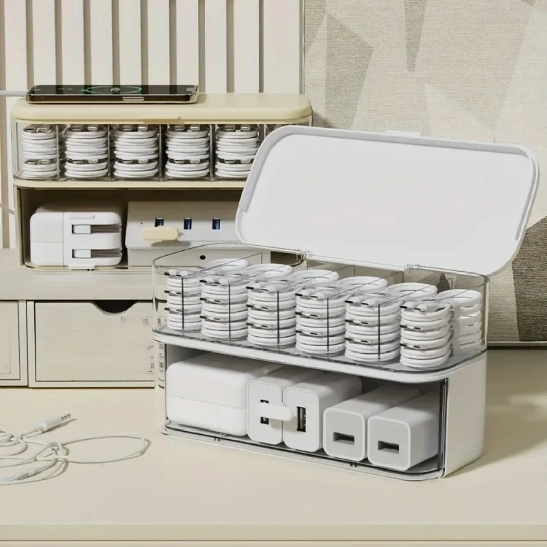 boîte rangement câbles chargeurs usb smartphone transparent moderne blanc