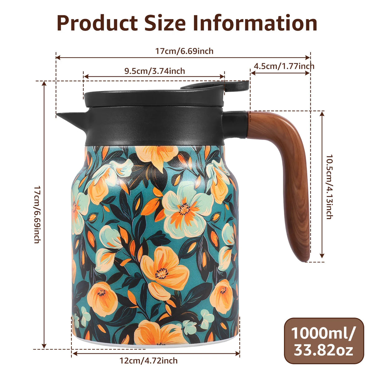 théière thermique acier inoxydable fleurs vintage poignée bois tasse assiette plateau