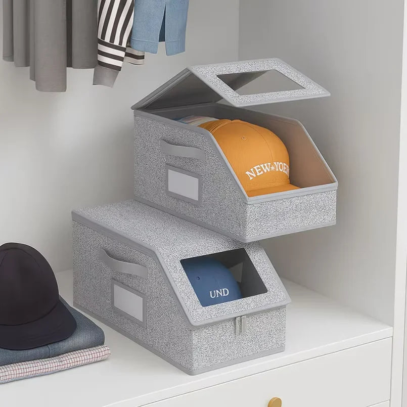 boîte rangement chapeaux gris bleu orange moderne texturée fenêtre transparente poignées rechargeable